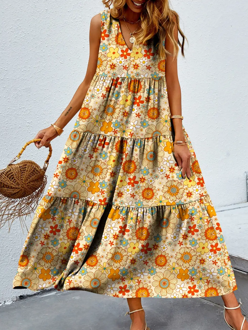 Boho Chic  Tiered Printed V-Neck Sleeveless Dress