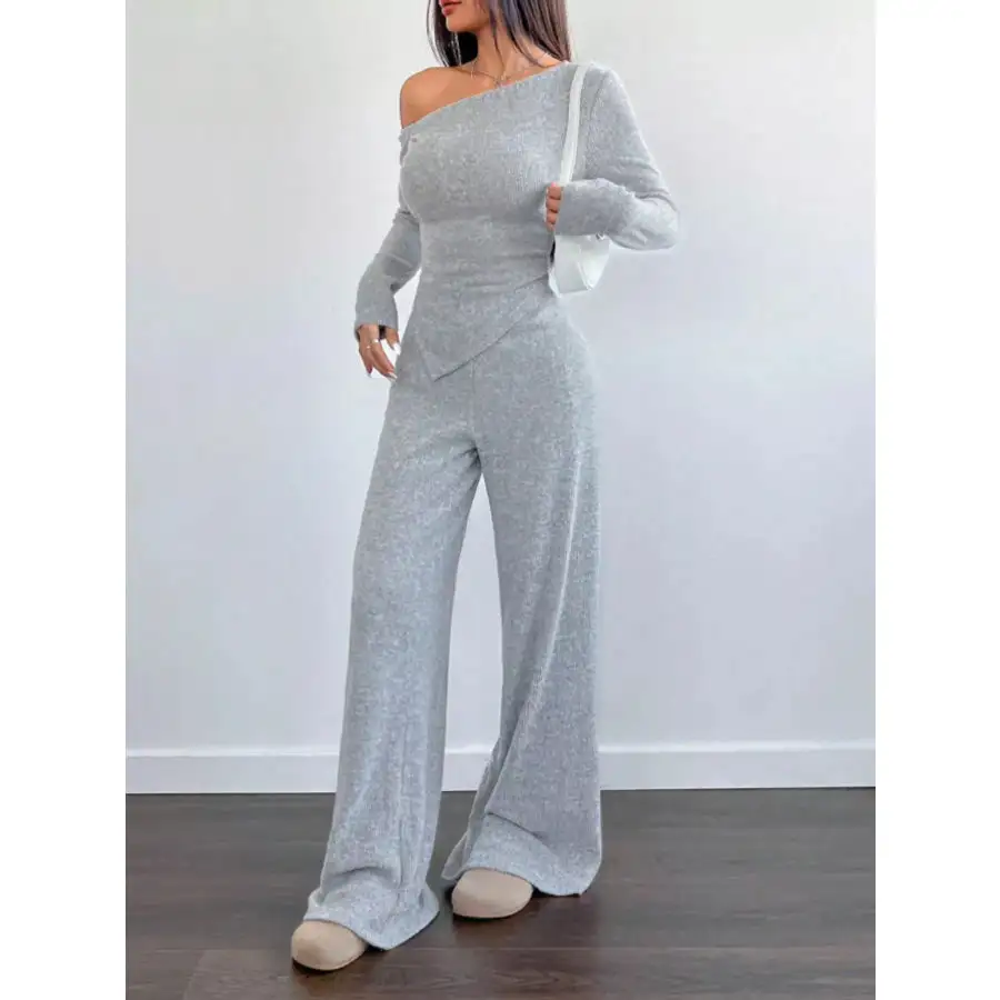 One Shoulder Long Sleeve Top and Pants Set