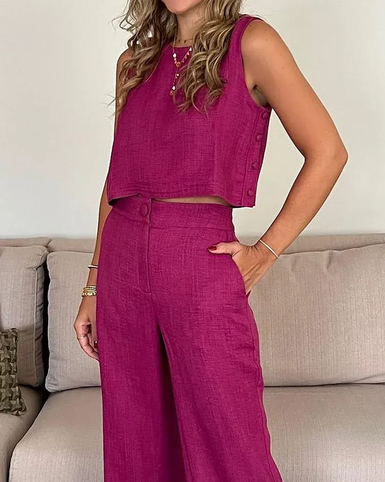 Casual Linen Elegant Solid Color  Two-piece Set (Vest & Pants)