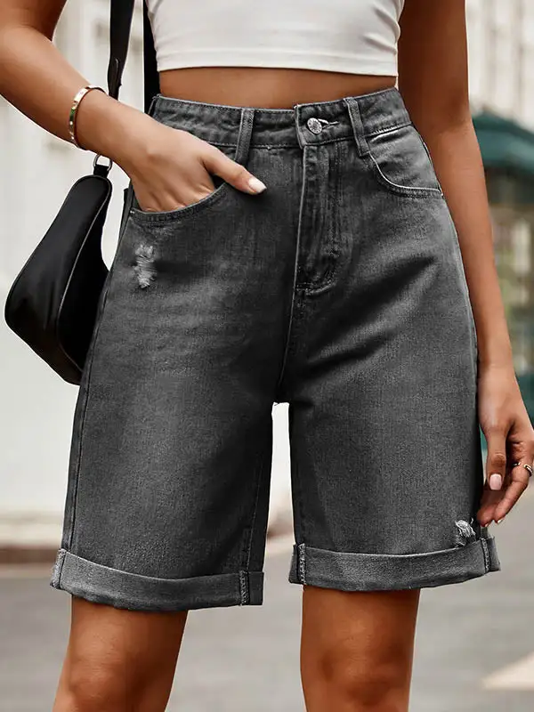 Hoog Getailleerde Losse Zakken Met Knopen Jeansbroeken Shorts