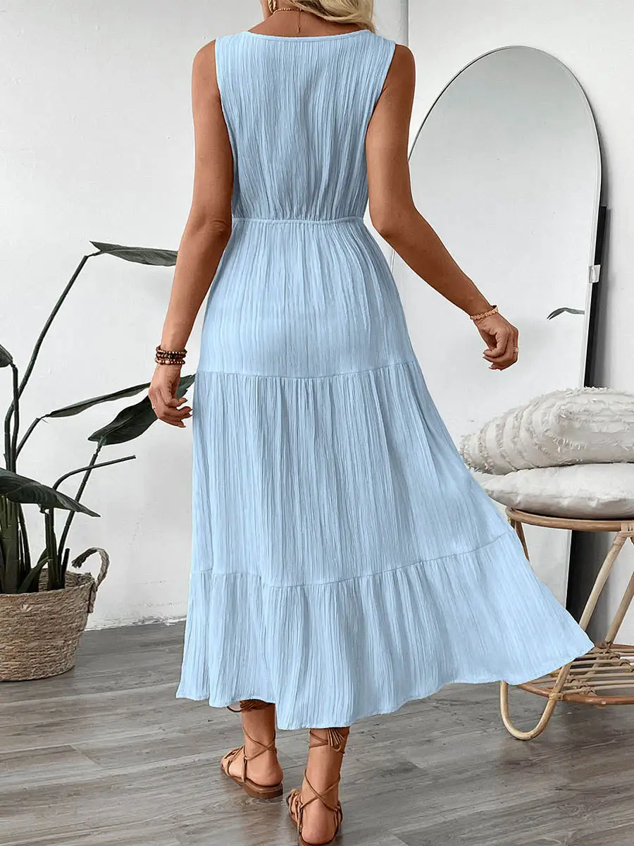Waisted Pleated Buttoned Neck Maxi Dress