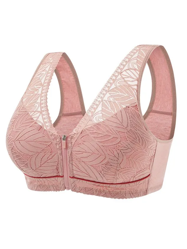 Soft Comfortable Lace Front Zipper Wireless Cotton Bra