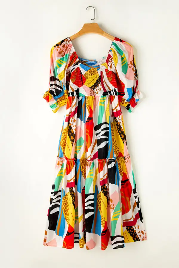Square Neck Abstract Print Boho Maxi Dress