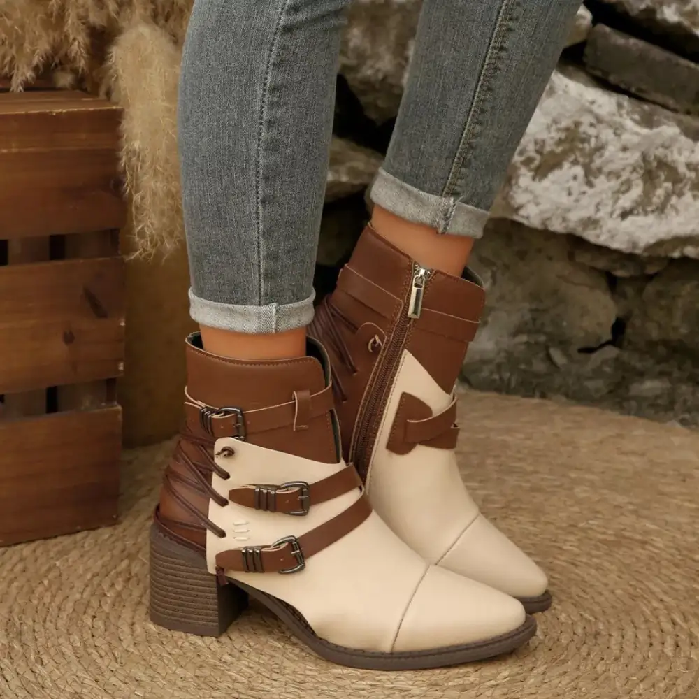 Pointed Toe Buckle Strap Ankle Boots with Block Heel