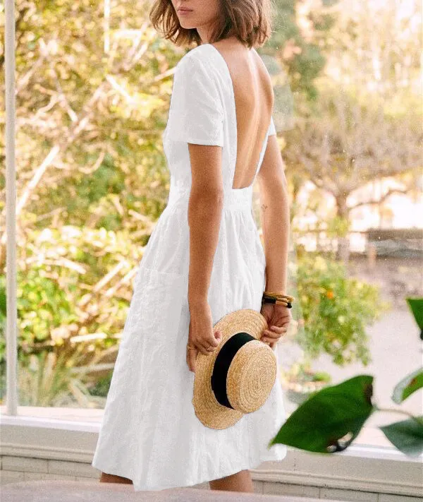 Cotton linen backless short sleeves dress
