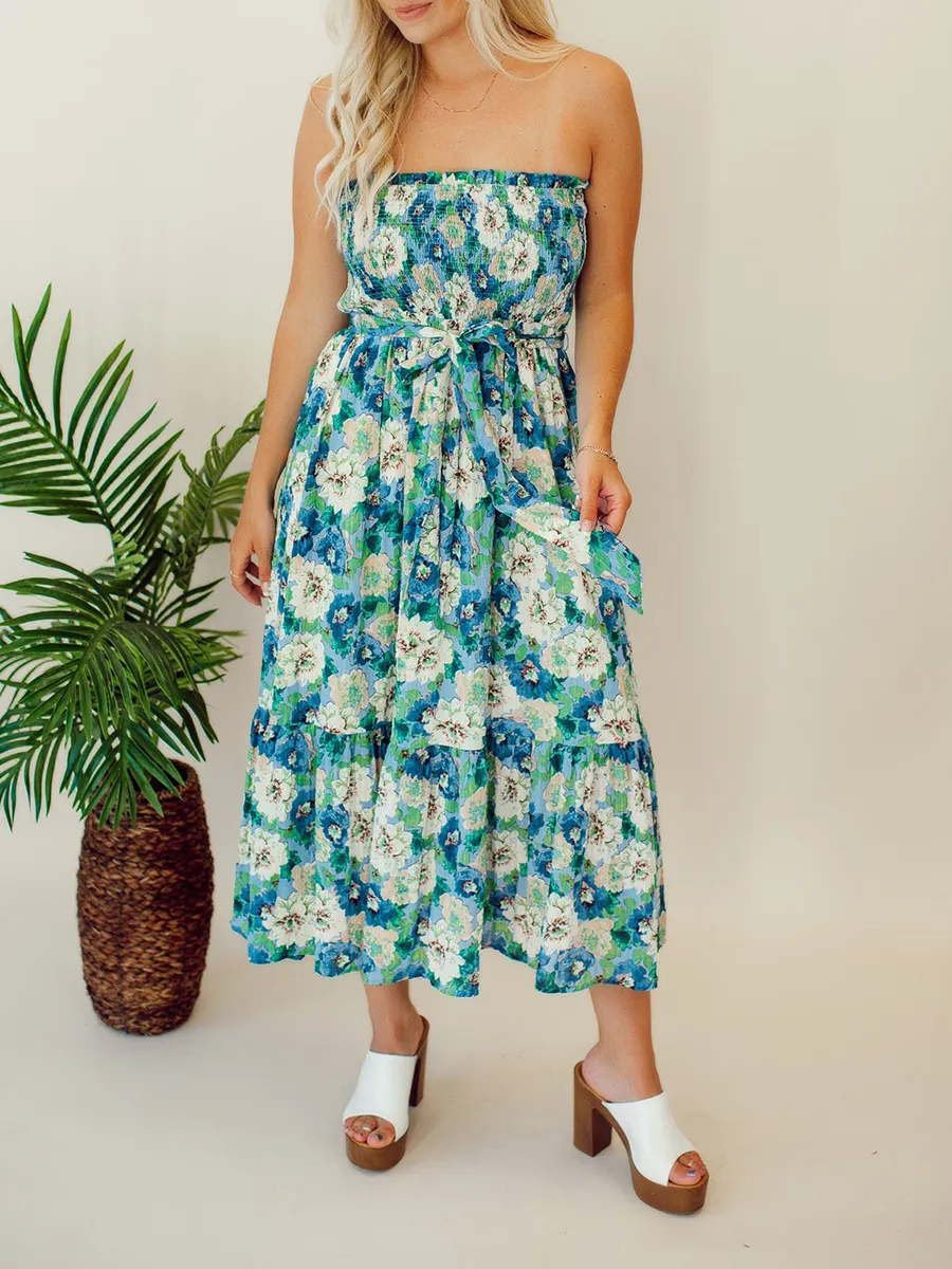 Floral patterned strapless mid length dress