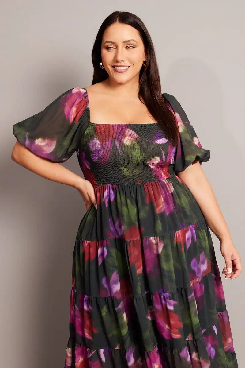 Black Floral Midi Dress Short Sleeve Tiered