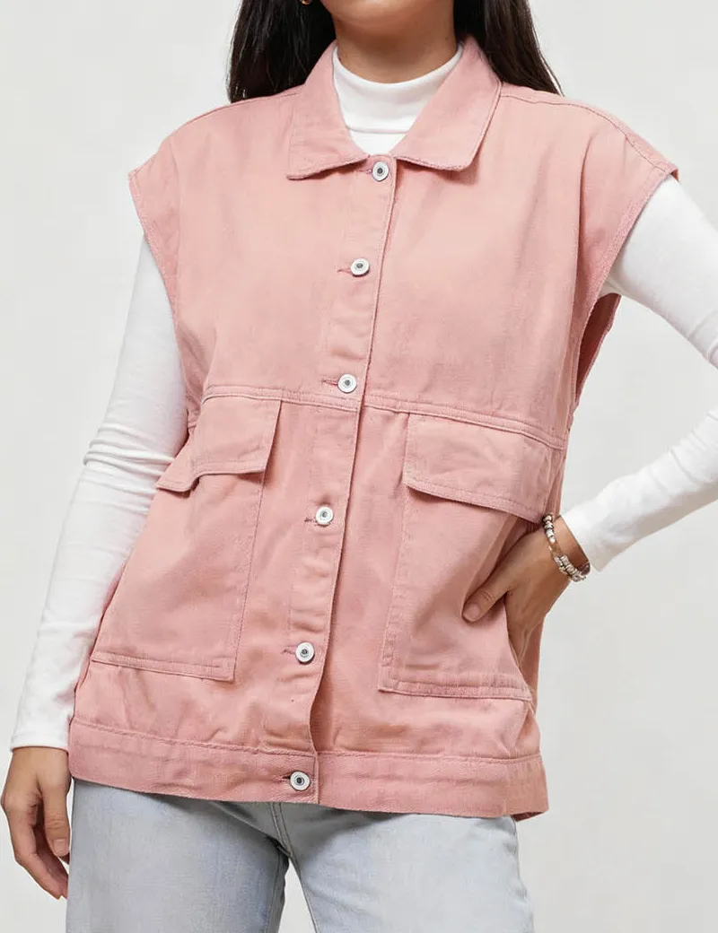Button Front Turndown Collar Sleeveless Denim Vest