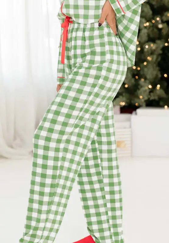 Plaid Collared Neck Long Sleeve Top and Pants Set