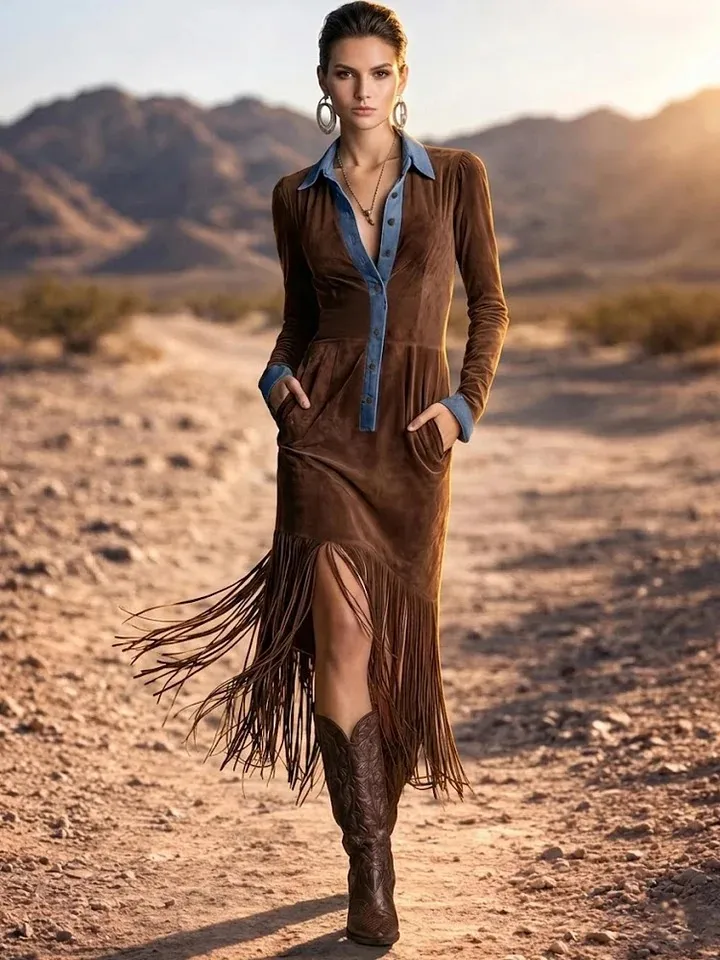 Advanced Retro Suede Leather, Women's Fringed Pleated Dress, Desert Road Travel Set