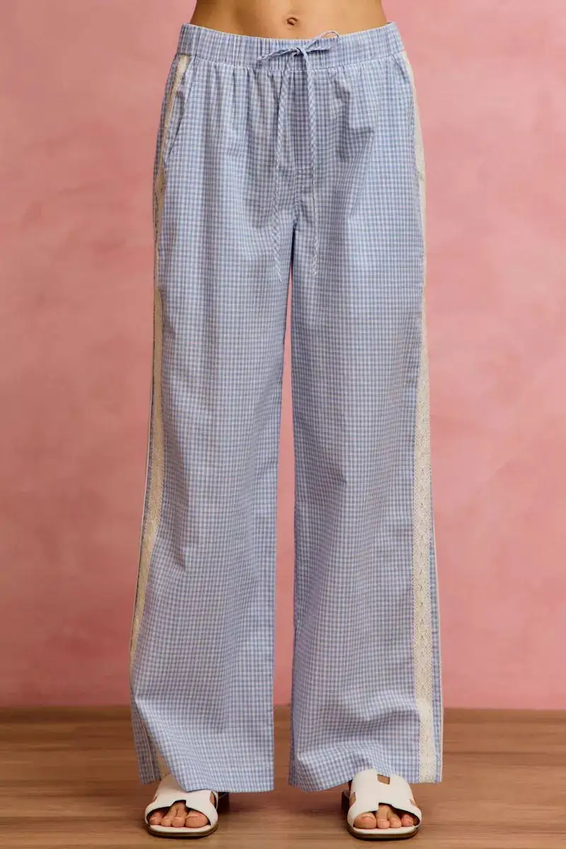 Wide Check Pants with Side Lace Trim and Piping
