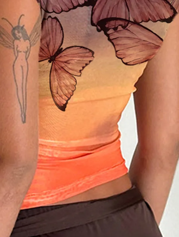 Mesh Printed Orange Top