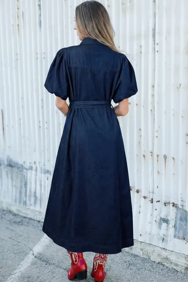 Denim Short Sleeve Collared Button Front Everyday Midi Dress