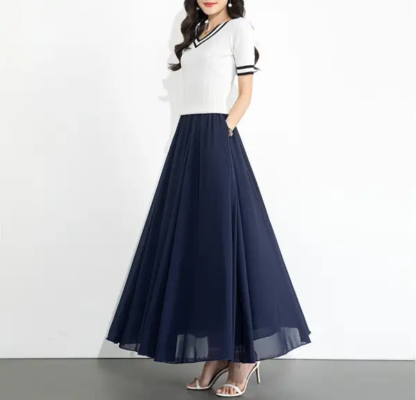 Flowy Elastic Waist Chiffon A Line Maxi Skirt