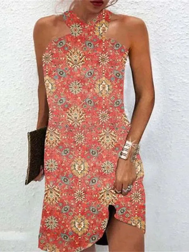 Women Floral Halter Sleeveless Comfy Sexy Short Dress