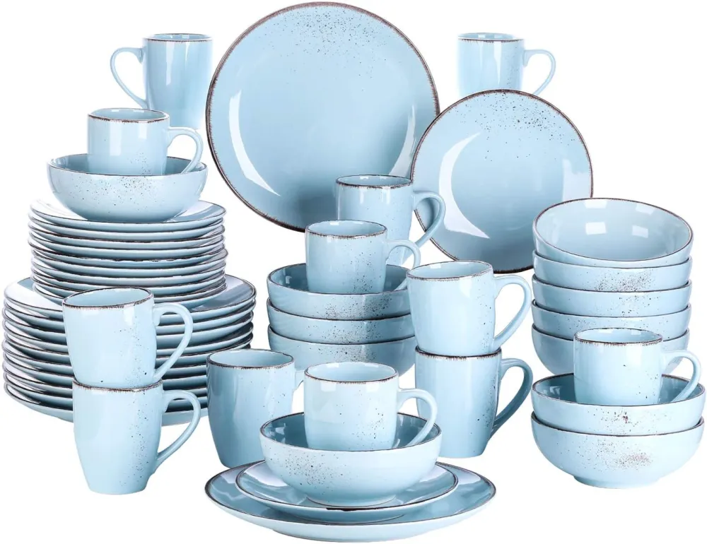 vancasso Navia Ceramic Dinnerware Set, 48 pieces Set of 12 Stoneware Spray Spot Patterned Service Dish with Dinner Plates, Salad Plates, Bowls, Mugs - Grey