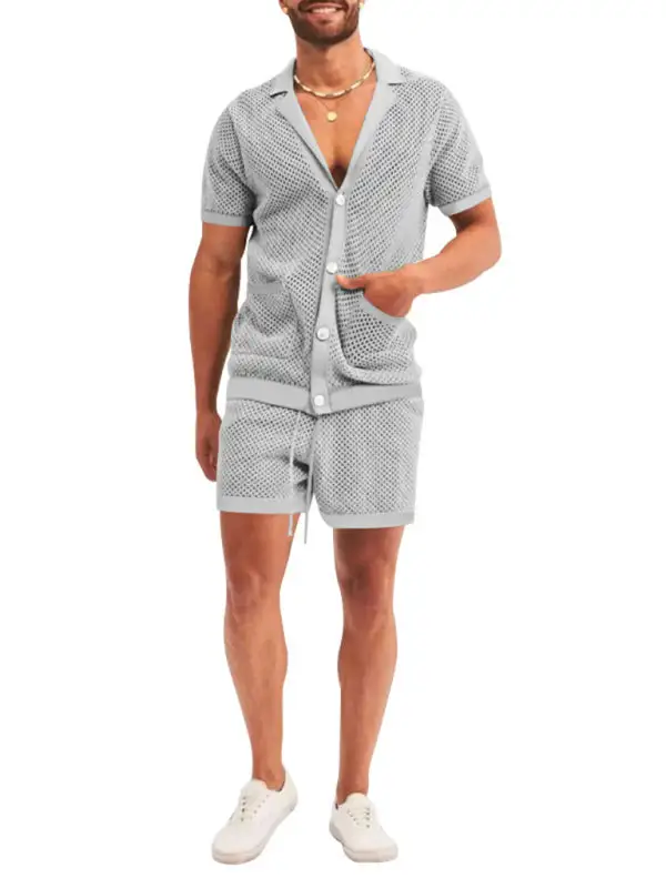 Knit Lapel Collar Short Sleeve Shorts