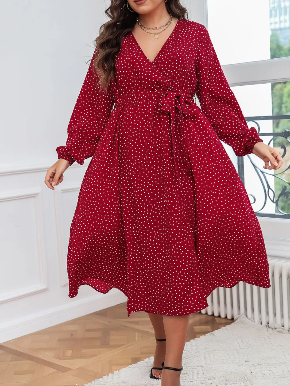 Literary Temperament Red Plus Size Dress Polka Dot Long Sleeves Women Clothing