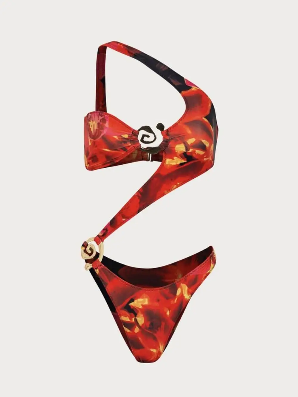 Women’s Sleek Metal Button Decorated Printed One-Piece Swimsuit