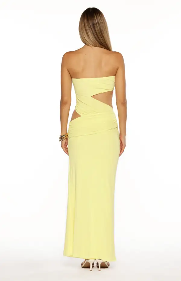 Mesh Ruched Strapless Maxi Dress