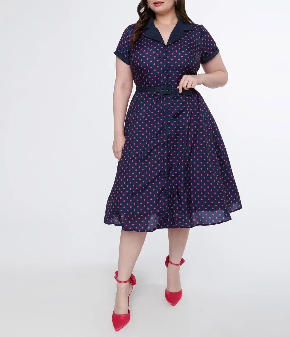 Unique Vintage Plus Size Navy & Hot Pink Dot Alexis Swing Dress