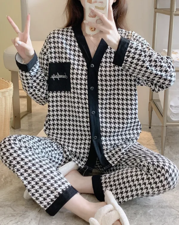 Houndstooth Loose Casual V Neck Lounge Set