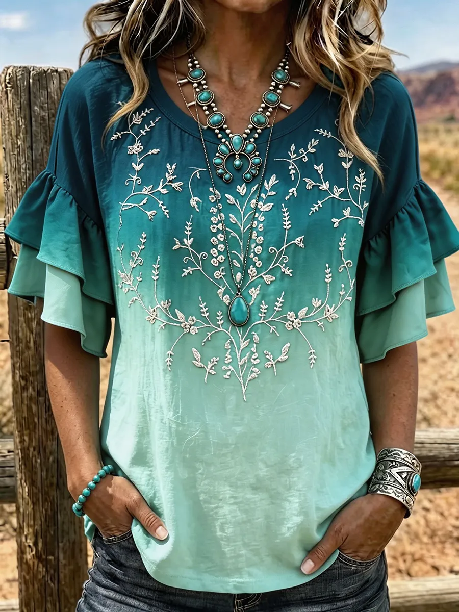 Women's Ombre Floral Embroidered Ruffle Sleeve Western Top