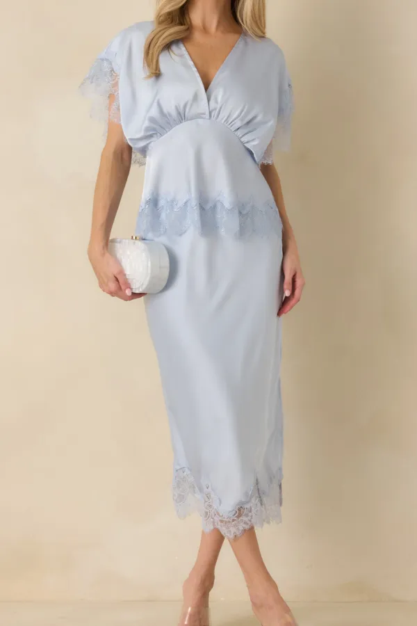 Call Me Later Powder Satin Lace Trim Midi Skirt