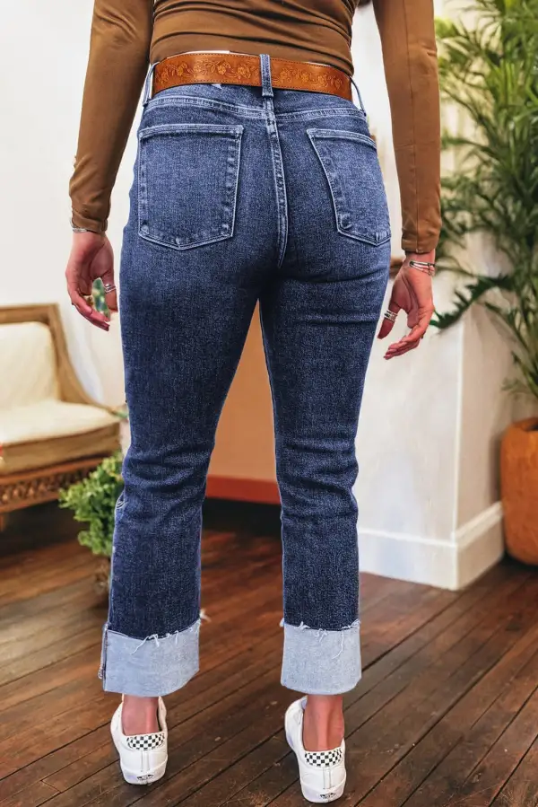 High Waist Distressed Real Folded Cuffs Jeans