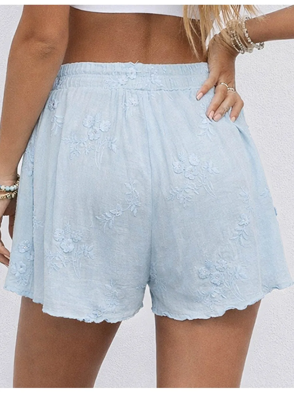 Embroidery Elastic Waist Solid Color Wide Leg Shorts