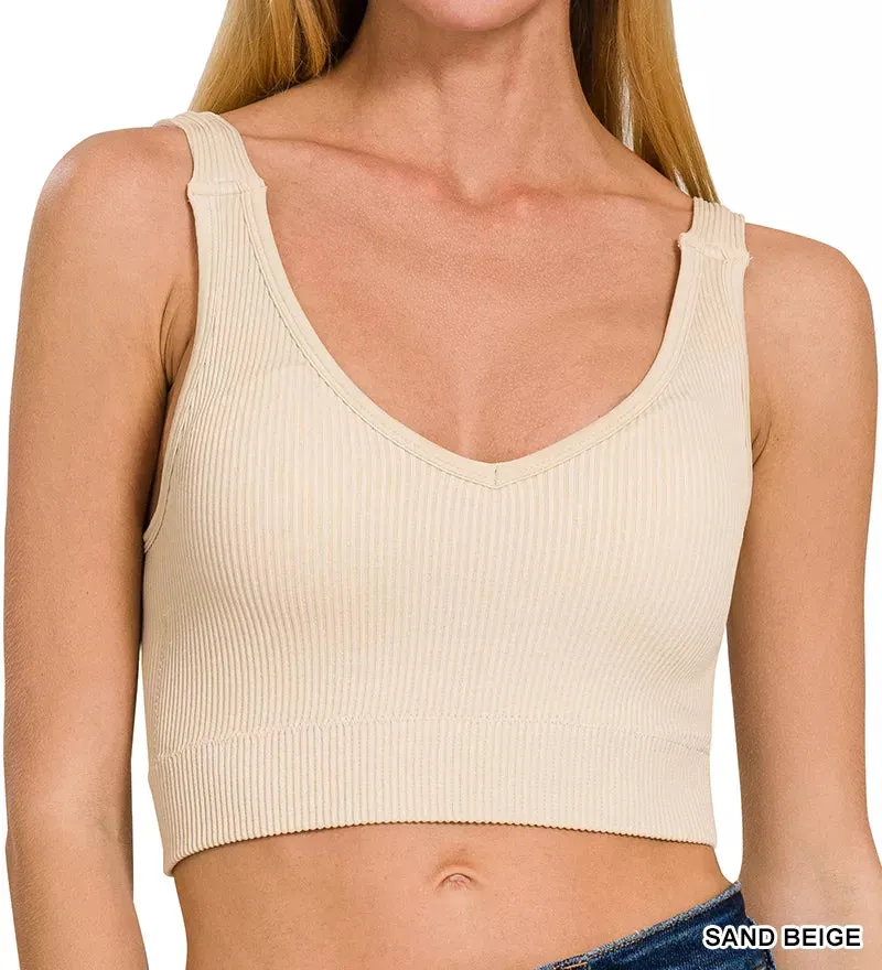 Seamless Ribbed Cropped Bra Padded V Neck