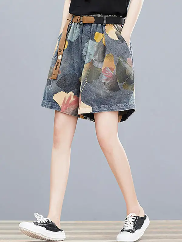 Originele Denim Shorts Met Wijde Pijpen En Bloemen