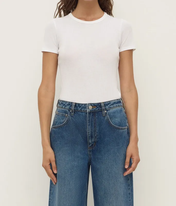 White Ribbed Fitted Tee
