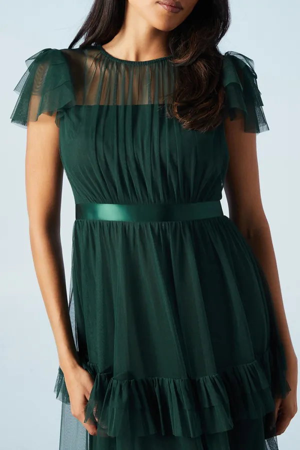 Green Mesh Dress With Multiple Hems For Women
