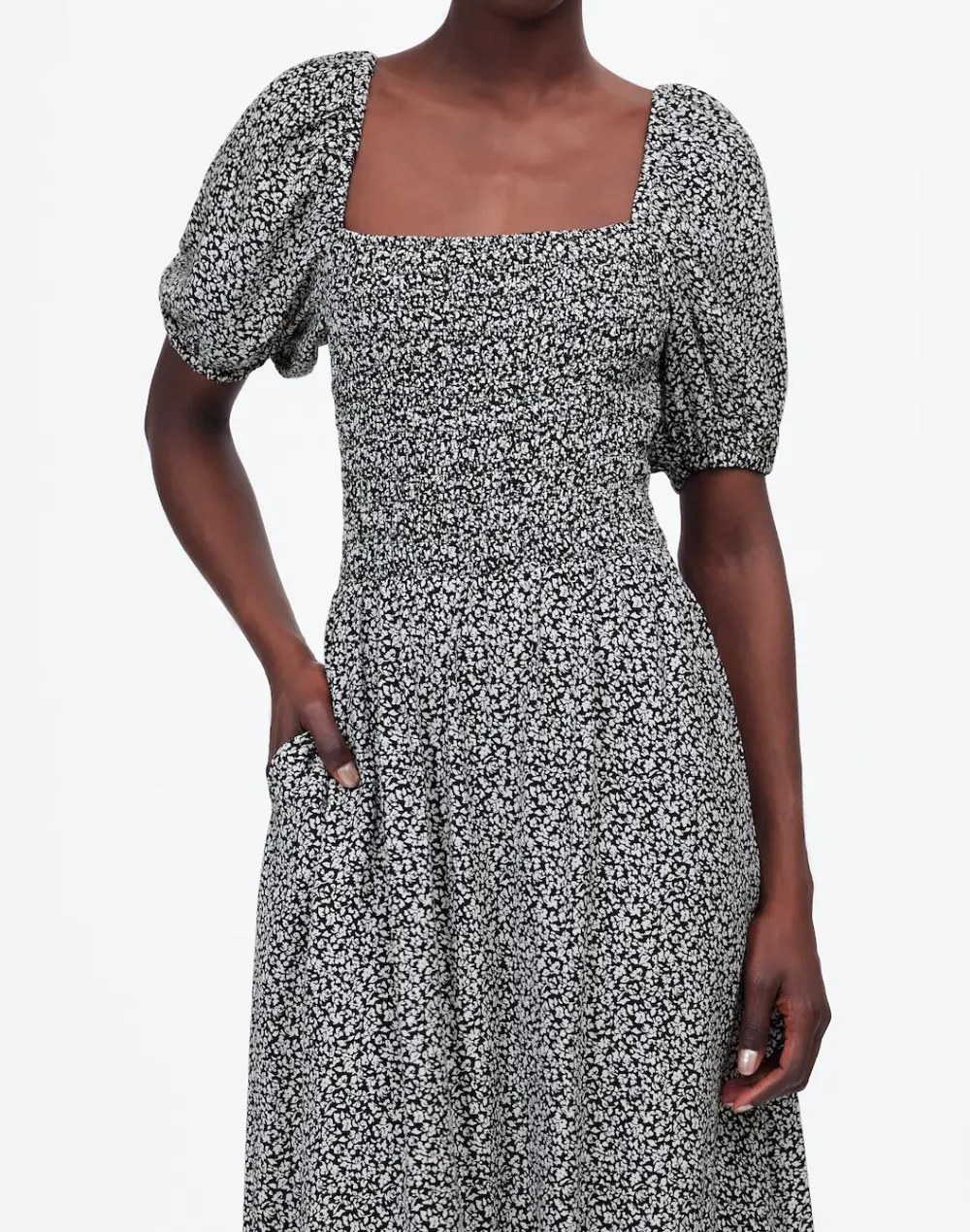 Smocked Puff-Sleeve Maxi Dress in Floral