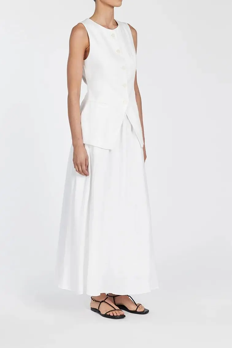 WHITE LINEN MIDI SKIRT