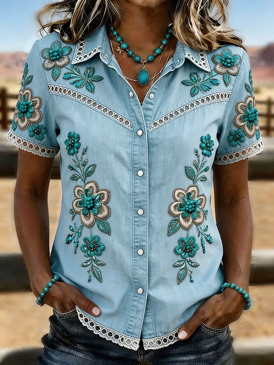 Women's Bohemian Floral Embroidered Lace Trim Western Denim Shirt