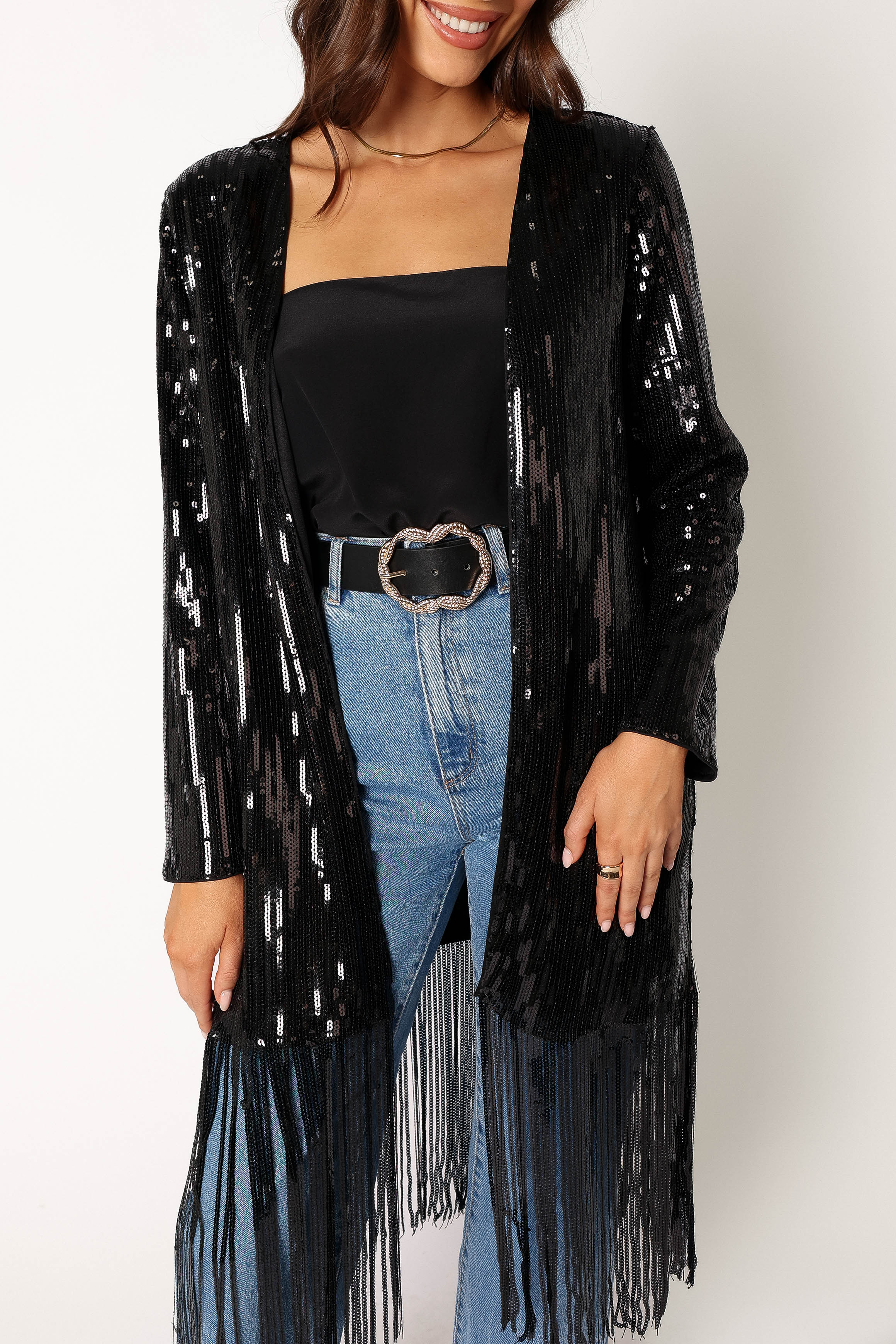 Miriam Sequin Fringe Duster - Black