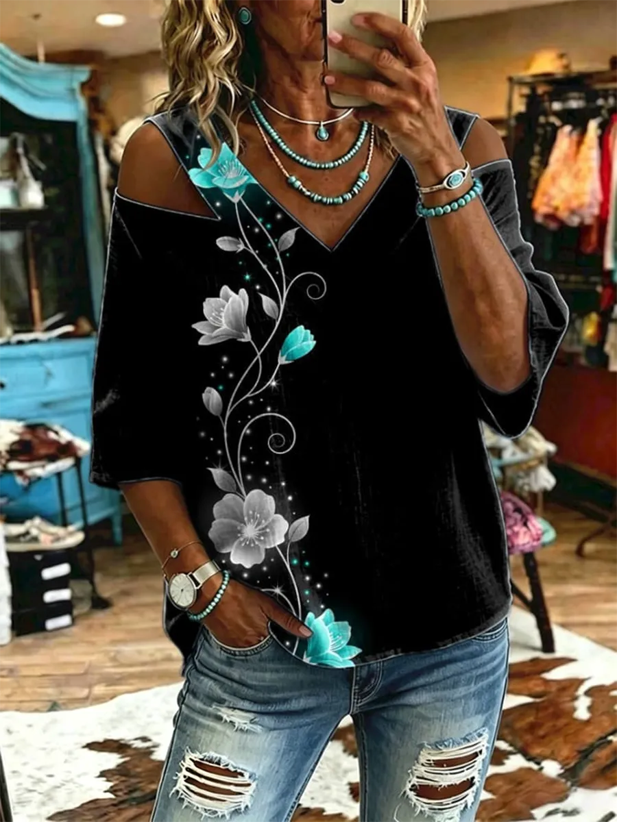 Women's Vintage Flowers Print Off-shoulder Patchwork Casual Shirt