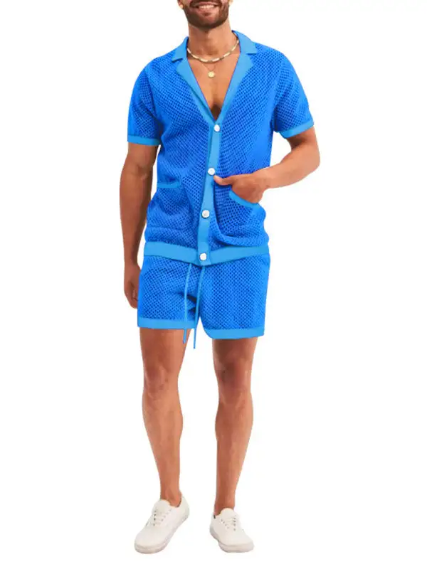 Knit Lapel Collar Short Sleeve Shorts