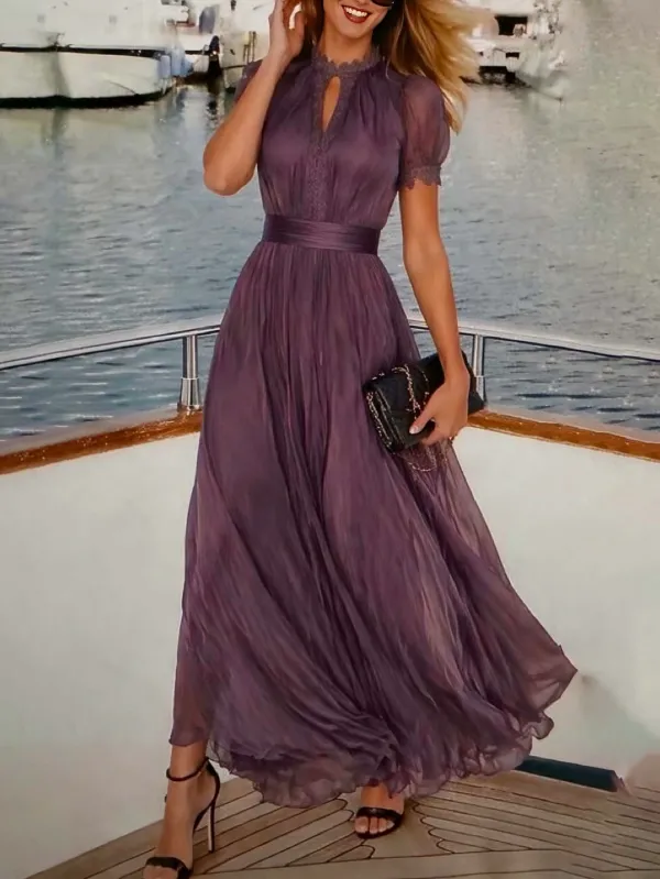 Lace Trim Pleated Chiffon Maxi Dress