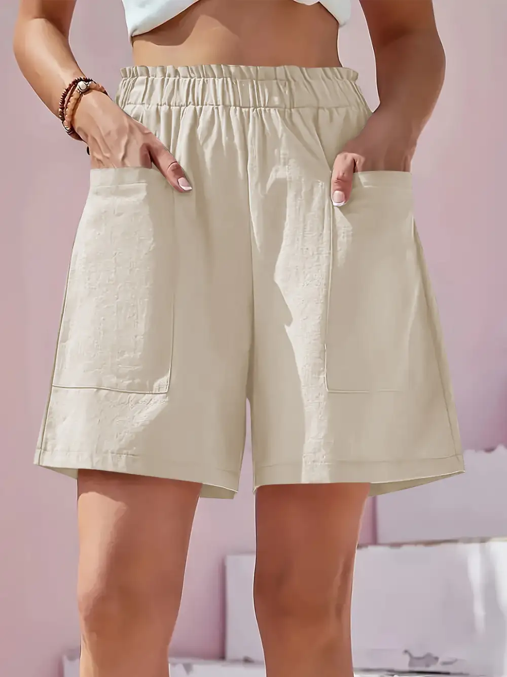 Clean Front Elastic Waist Pocket Detail Shorts