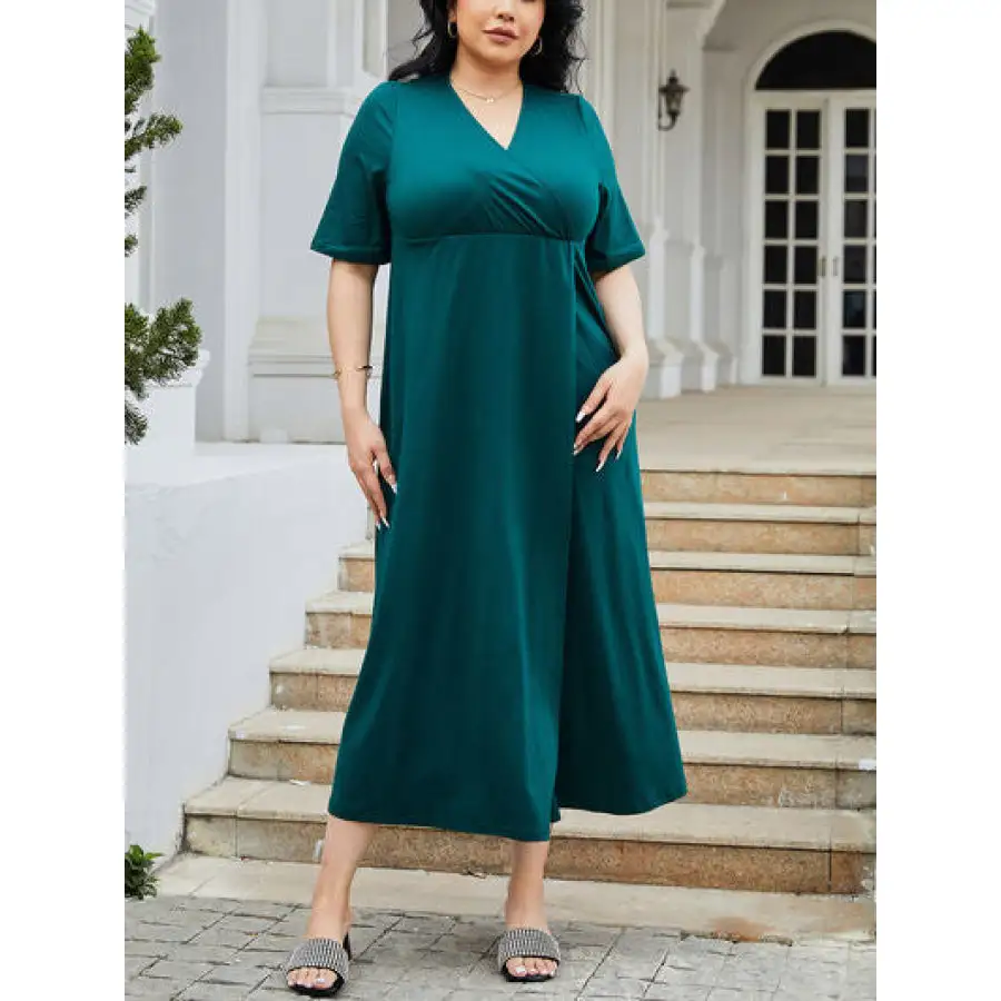 Plus Size Slit Surplice Short Sleeve Midi Dress