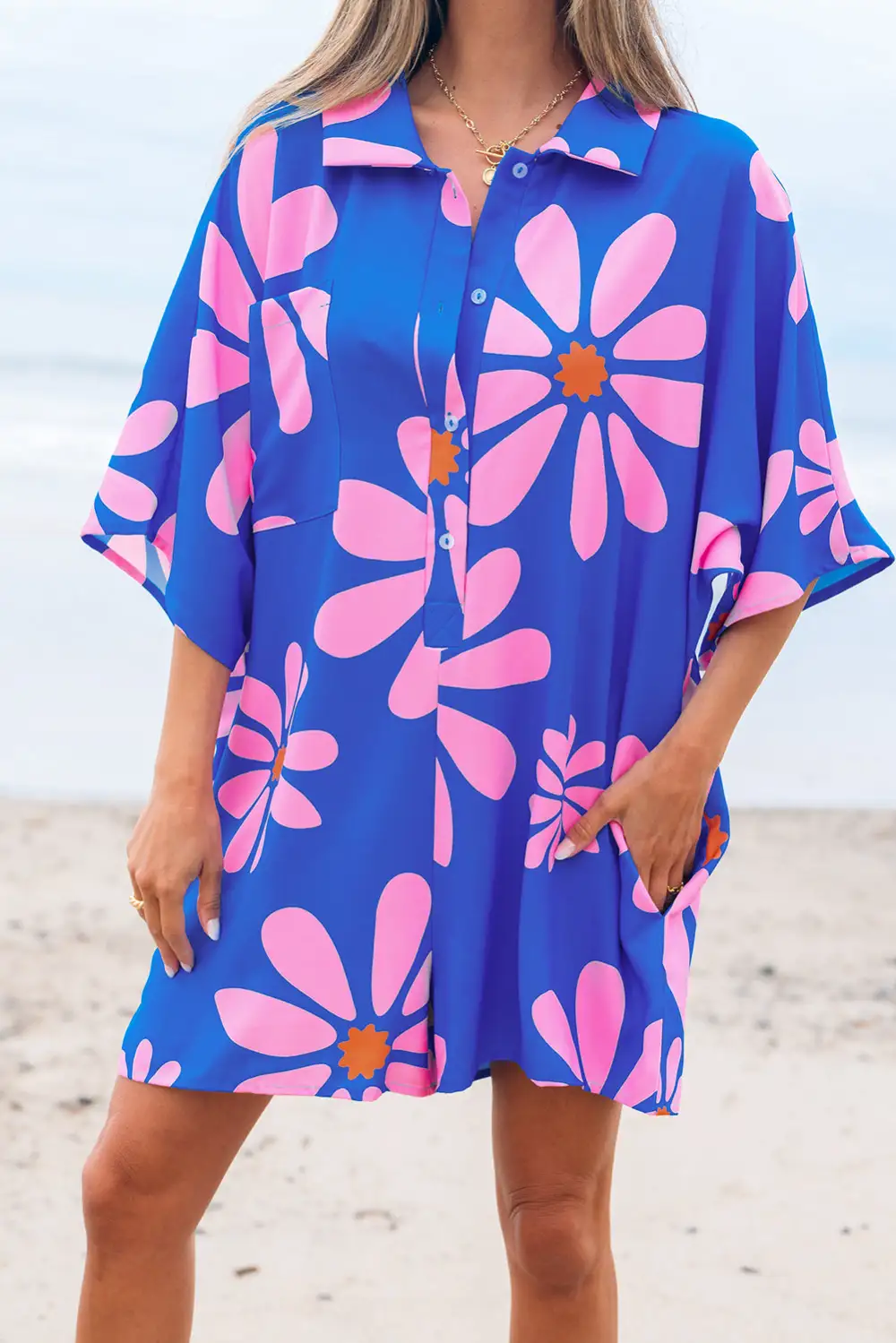 Flower Print Shirt Collar Button Front Loose Romper