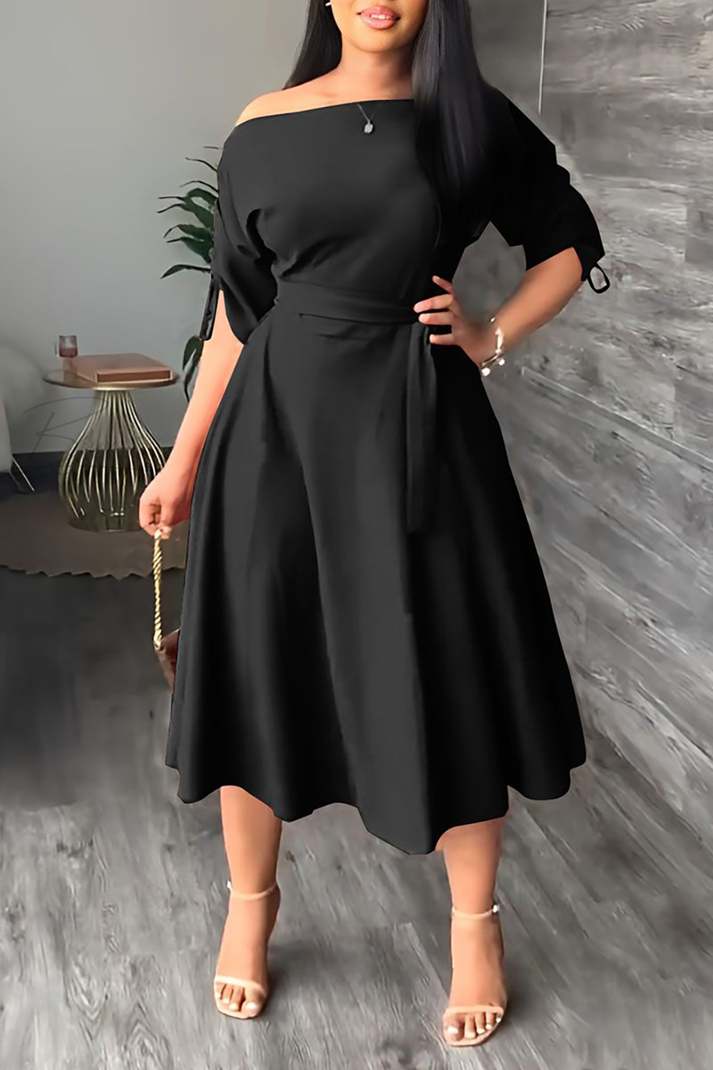 Plus Size Black Business Casual Solid Drawstring Oblique Collar Midi Dresses [New]