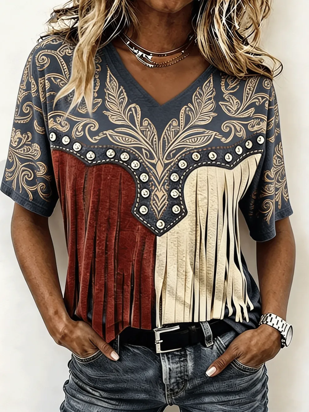 Women's Western Paisley Print Studied Fringe V-Neck Printed Tee