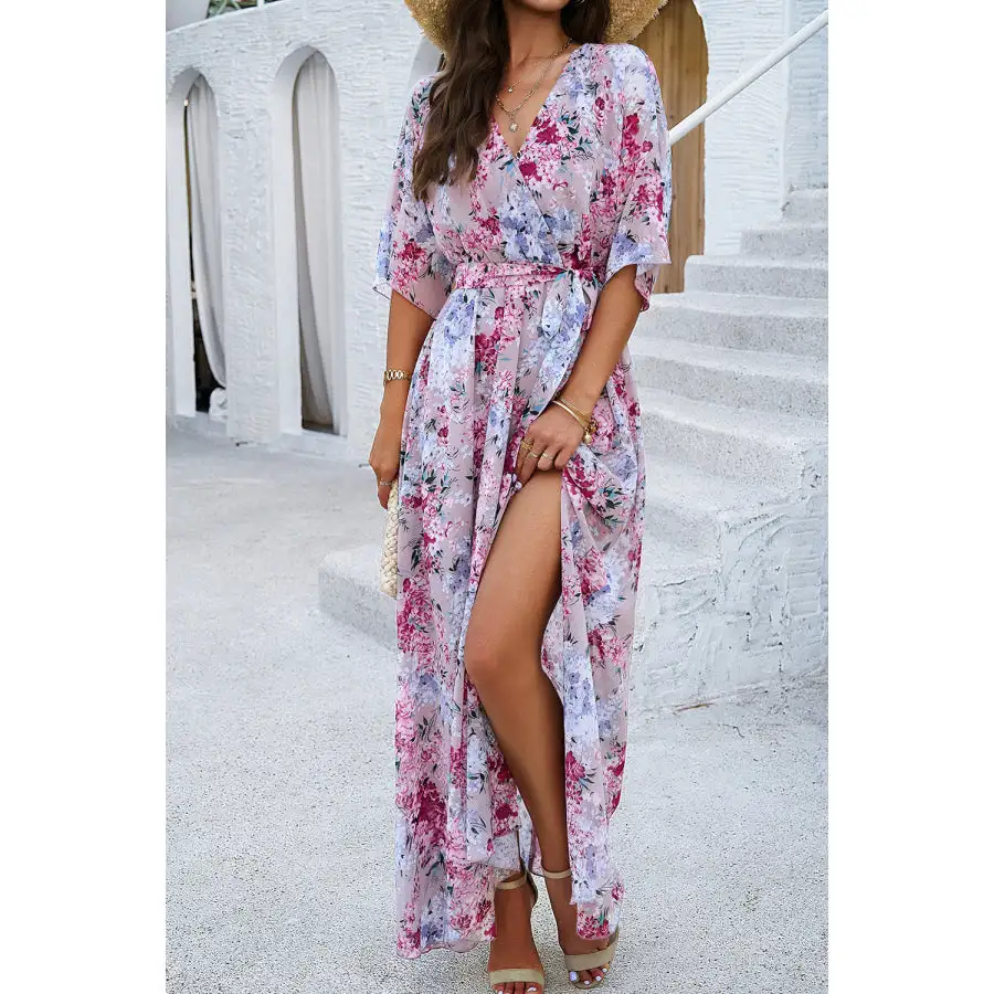 Printed Tied Half Sleeve Slit Dress