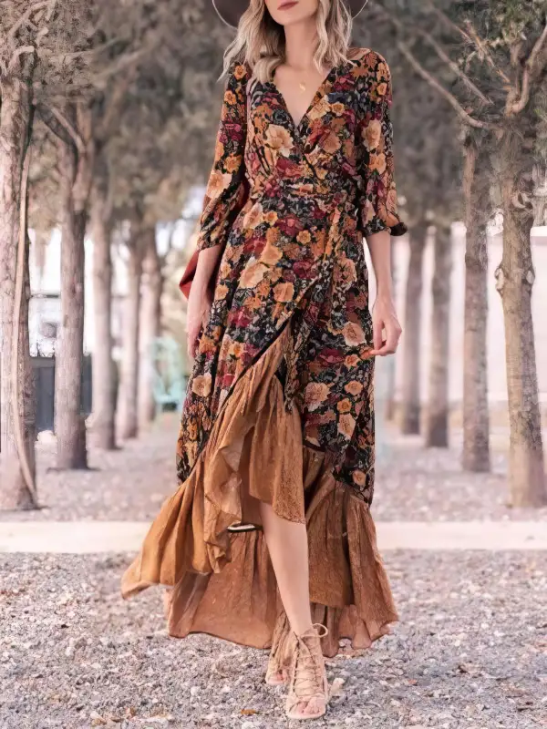 Retro Long Sleeve Printed Long Dress