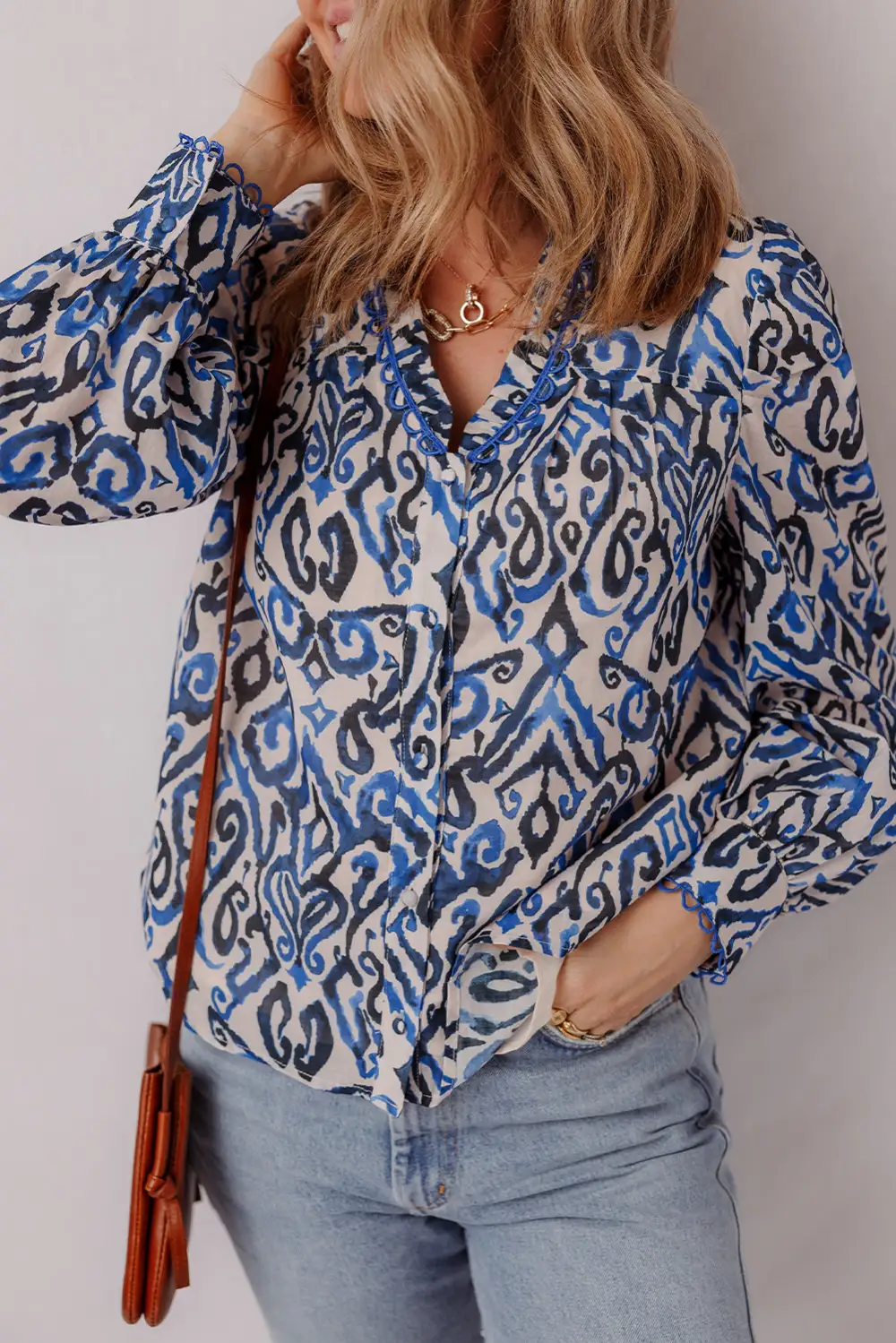 Blue Bohemian Print Embroidered V Neckline Detail Long Sleeve Shirt