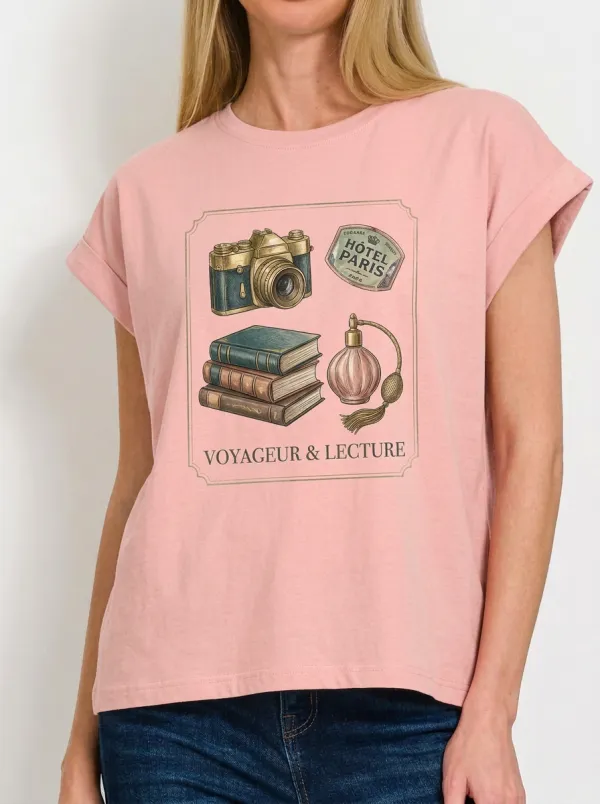 Women's Paris Travel Book Lover Camera Perfume Printed T-shirt